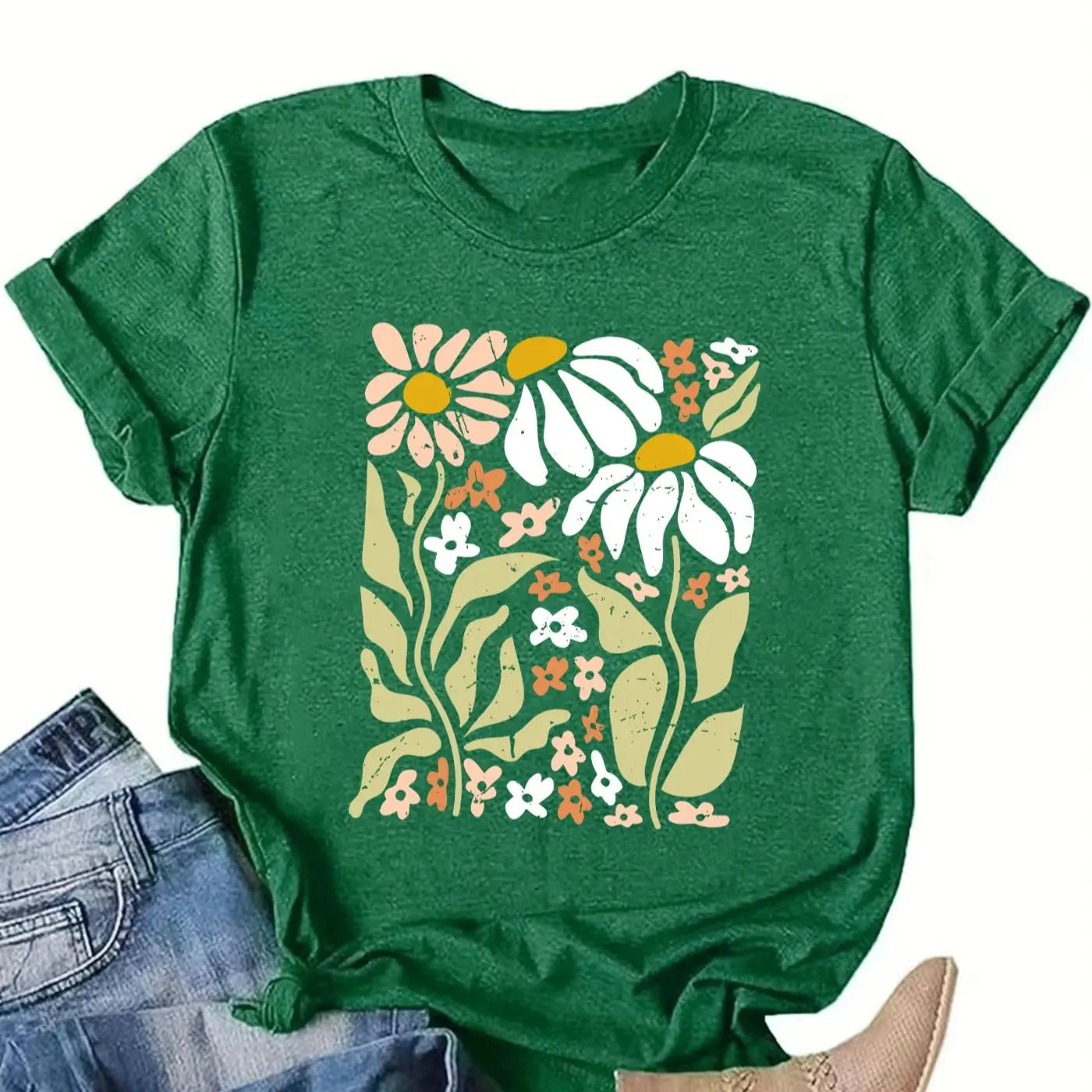  Flowers  print t-shirt, short sleeve crew neck casual top for summer & spring, women's clothing