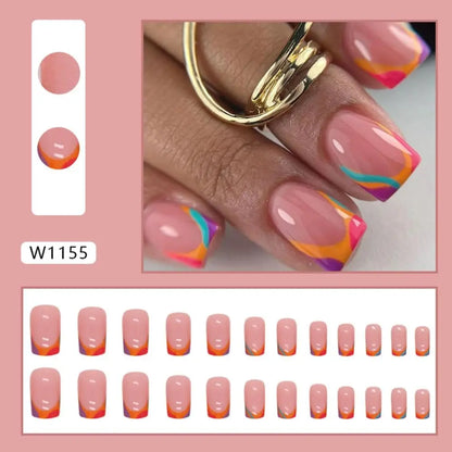24pcs Short Square French Pink Cartoon Snail False Nails  Full Cover Detachable Nail Tips Press on Nails
