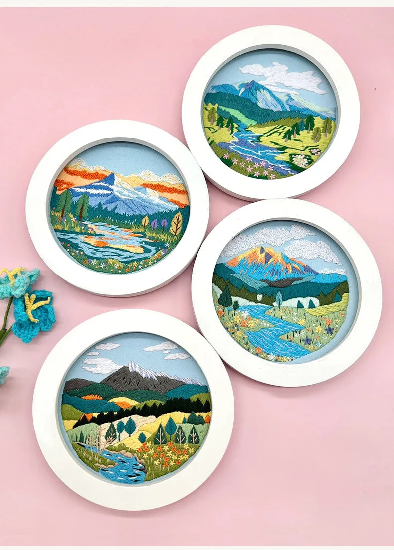 Embroidery Starter Kit for Adult Beginner with Landscape Mountain Nature Scenery Pattern Hand Set with Embroidery Cloth Needles