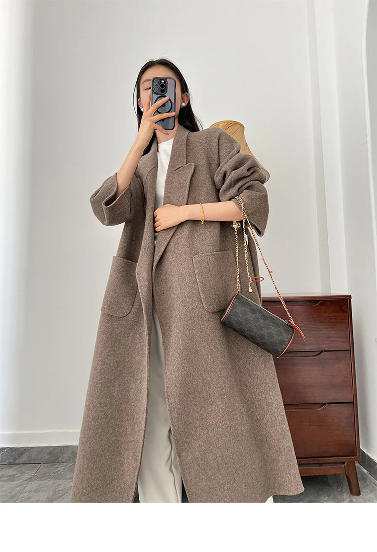 Office Lady Woolen Jackets 2024 Autumn And Winter Bathrobe Style Pocket Double-Sided Loose Lace -Up Tie Women's Long Wool Coats