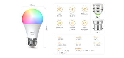 Imou B5（E26/E27）B22 Smart Light Bulb Control Lamp Base Dimmable Light Led Lamp Bombilla Colorful Changing 9W Function color