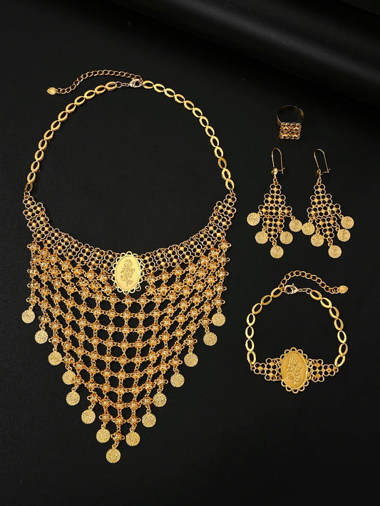 African Fashion Jewelry Set Big Necklace Bracelet Earrings for Women Ring Dubai Bridal Wedding Accessories