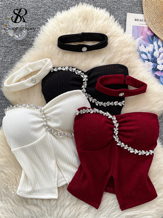 SINGREINY Strapless Sexy Ladies Top Summer Halter Beading Design Split Camisole Korean Skinny Streetwear Hotsweet Tank Top