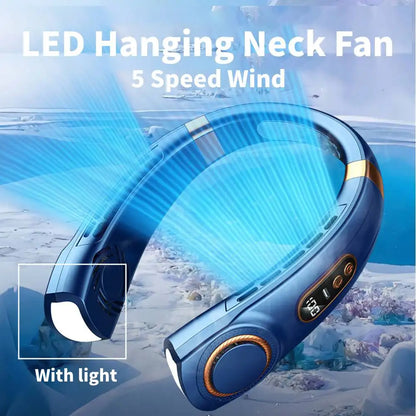 Portable Neck Fan LED Digital Display Hanging Neck Fan Leafless Air Cooler Mute USB Rechargeable Cooler with Atmosphere Light