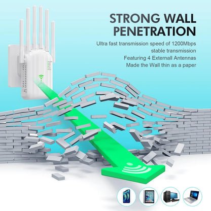 WiFi Extender 1200Mbps WiFi Signal Booster Dual Band 2.4G/5G Outdoor Signal Amplifier with Ethernet Port 360° Full Coverage