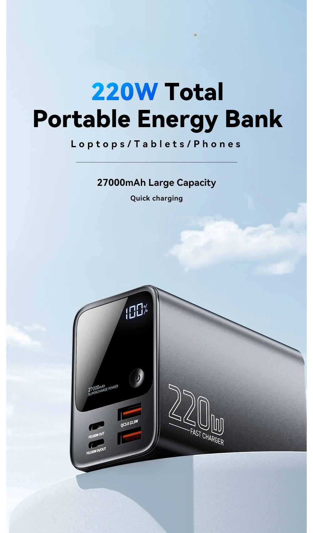 27000mAh Power Bank 100W PD QC3.0 Fast Charging External Spare Battery For iPhone 15 14 13 12 Xiaomi Macbook Air Laptop