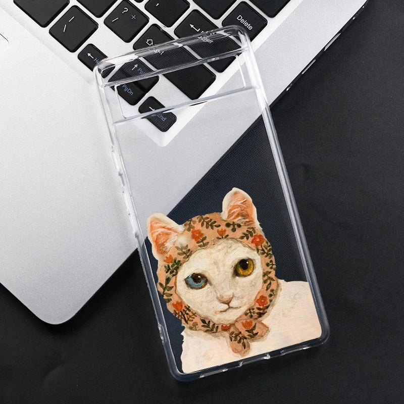 For Google Pixel 8A Vintage Animals Cat Clear Case For Google Pixel 6 6A 7 7A Pro Google Pixel 8 Pro 5G Transparent Cover Fundas