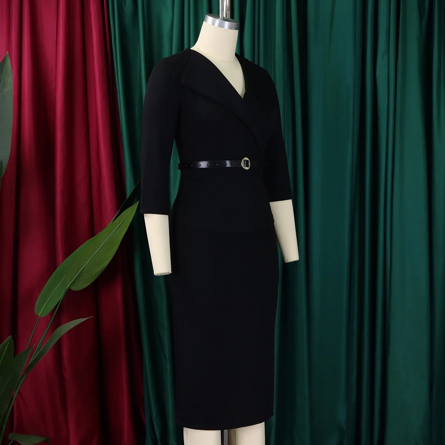 Elegant Office Dresses for Woman V Neck Full Sleeve Belt Waisted Sheath Package Hips Mid Calf Formal Business Work Wear Gowns OL