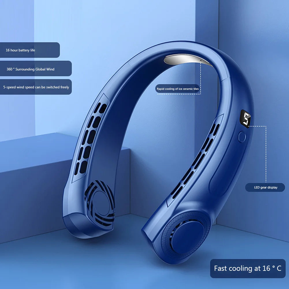 Portable Neck Fan LED Digital Display Hanging Neck Fan Leafless Air Cooler Mute USB Rechargeable Cooler with Atmosphere Light