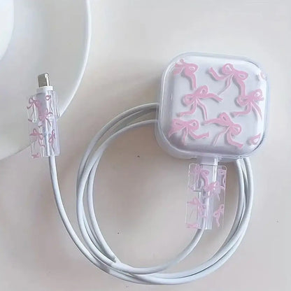 3-piece set Pink Bow Set Cable Protector for iPhone 20W UK HK Plug Charger Case Phone Wire Cord Organizers
