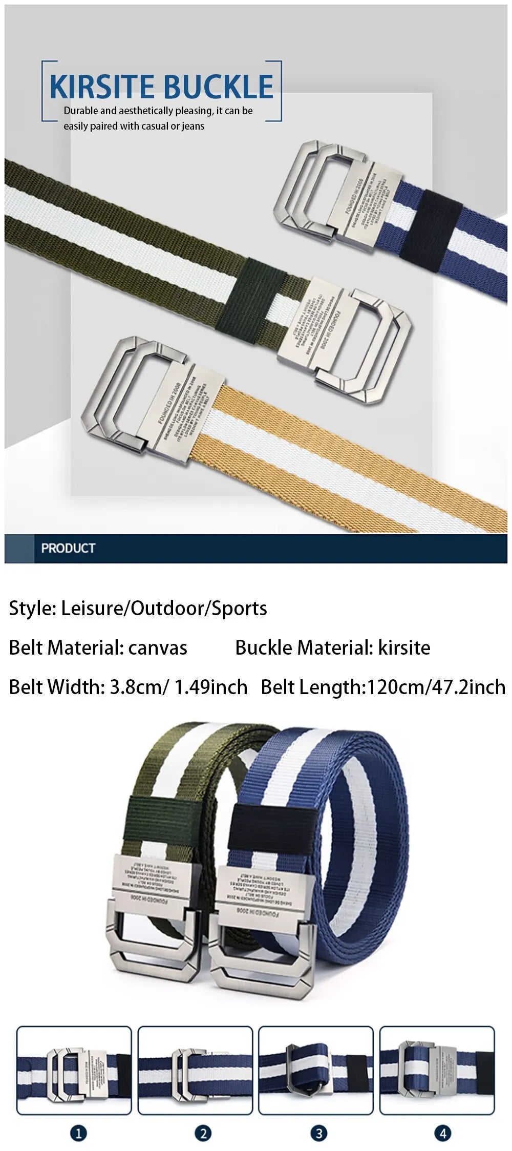 Men's Belt Trend Double Loop Buckle Canvas Belt Women's Belt with Cargo Pants Jeans Belt Outdoor Sports Belt No Perforated Belt