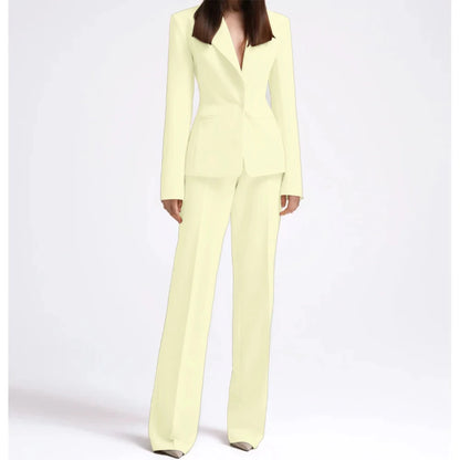 Office Lady Fashion Beige Women Suits One Button Peak Lapel 2 Piece Jacket Pants Slim Fit Smart Causal Conjuntos De Pantalones