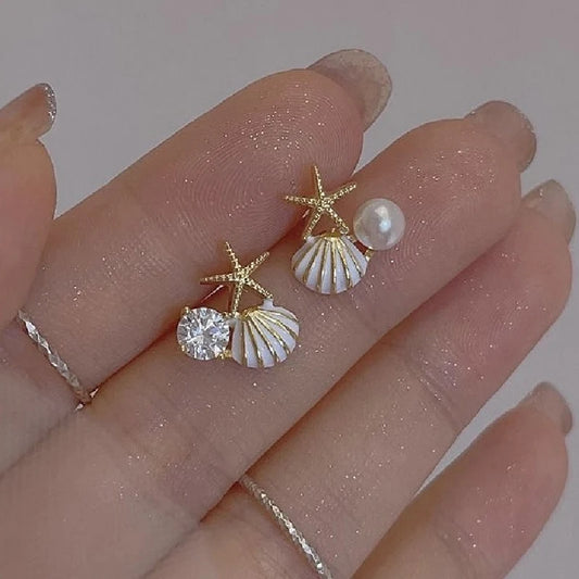 Fashion Asymmetric Ocean Style Earrings Stud  For Women Starfish Shell Earring Ear Ring Imitation Pearl Zircon Jewelry Gift
