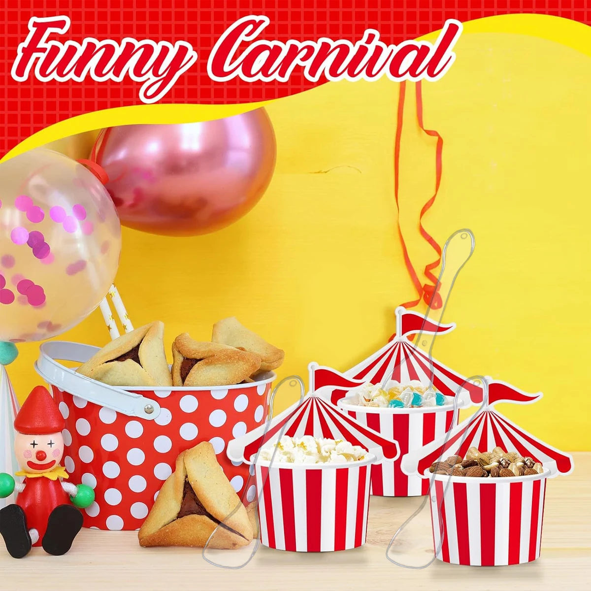 24Pcs Ice Cream Cups with 100 Spoons Carnival Party Circus Tent Shaped 8 oz Paper Carnival Cup Red White Striped Snack Cup Party