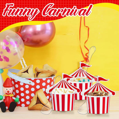 24Pcs Ice Cream Cups with 100 Spoons Carnival Party Circus Tent Shaped 8 oz Paper Carnival Cup Red White Striped Snack Cup Party