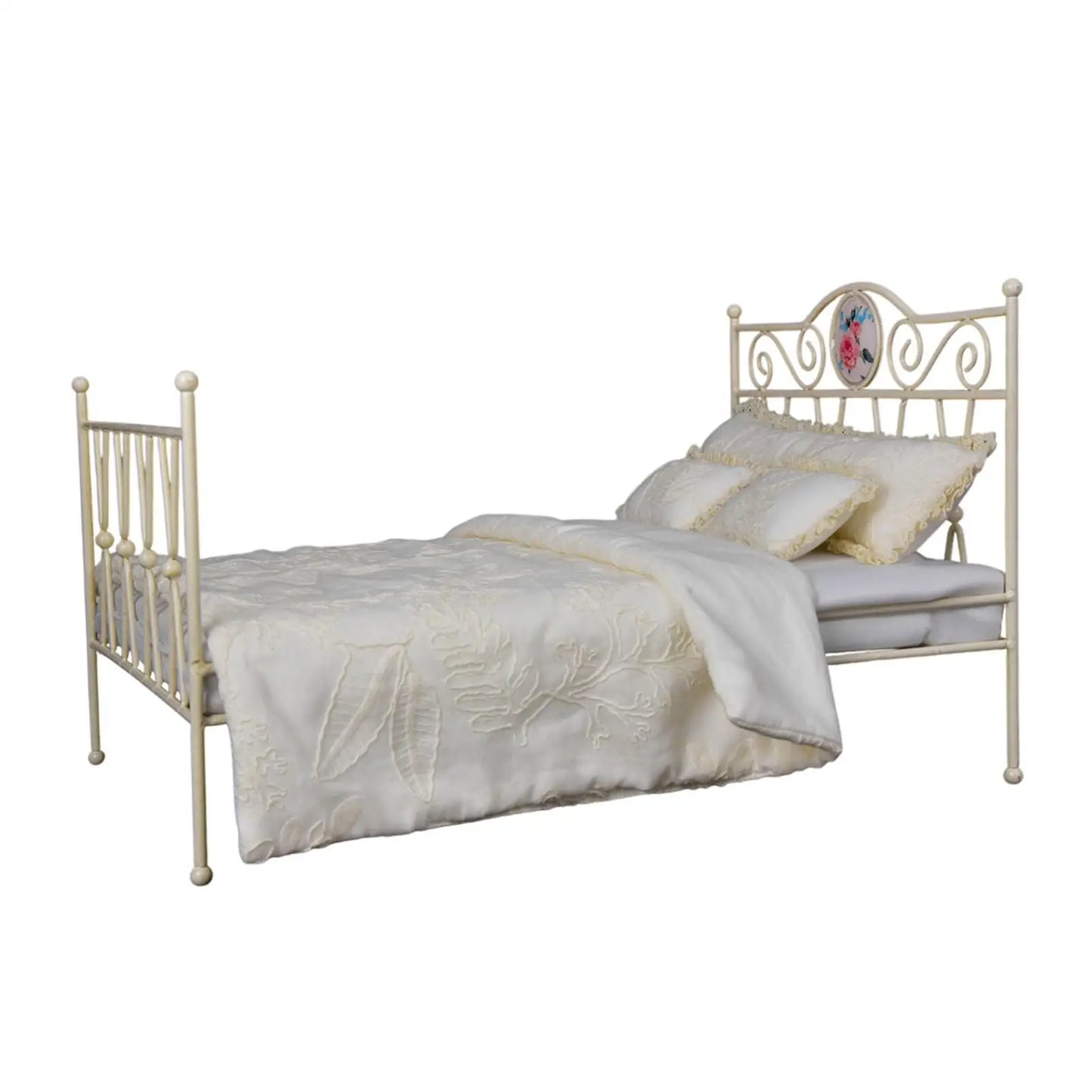 1/6 Dollhouse Iron Bed Simulation Twin Bed with Mattress Miniature Furniture Room for DIY Model Home Life Scene Layout Role Play
