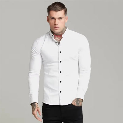 Men's Shirt Fashion Full Sleeve Shirt Men's Muscle Casual Slim-fit Business Dress Solid Color Shirt Men's Gym Fitness Men Shirt