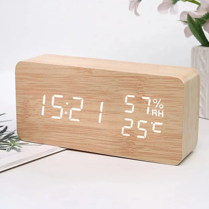 Digital LED Wooden Alarm Clock, Desk Clock, Voice Activated, Electronic Desktop Clock, Luminous Silent Alarm Clock