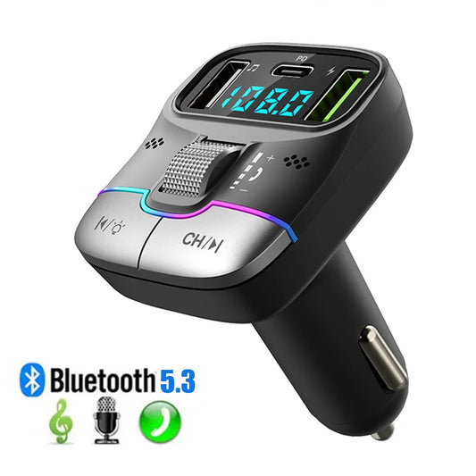 Bluetooth 5.3 Car FM Transmitter Wireless Bluetooth Car Adapter MP3 Player Handsfree Call Dual USB PD Fast Charger Roller Wheel
