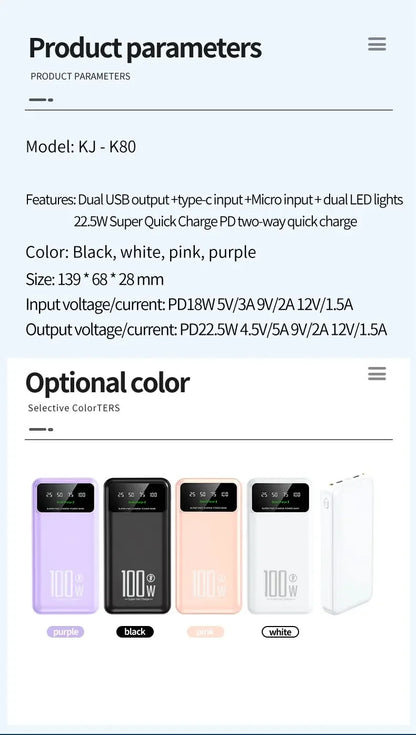 2025 NEW Power Bank 50000mAh High Capacity 100W Fast Charging Portable Charger External Battery Pack Powerbank for IPhone Huawei