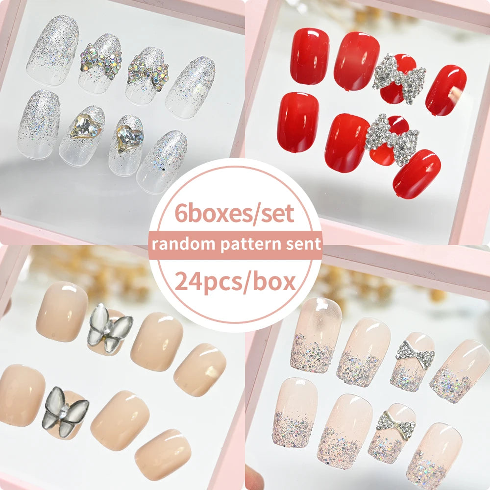 144pcs=6boxes Randomly Press On Nails Short Square Medium Almond Nail Kits 3D Rhinestone Flower Bowtie Reusable Press On Nails