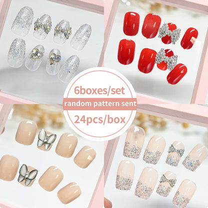 144pcs=6boxes Randomly Press On Nails Short Square Medium Almond Nail Kits 3D Rhinestone Flower Bowtie Reusable Press On Nails