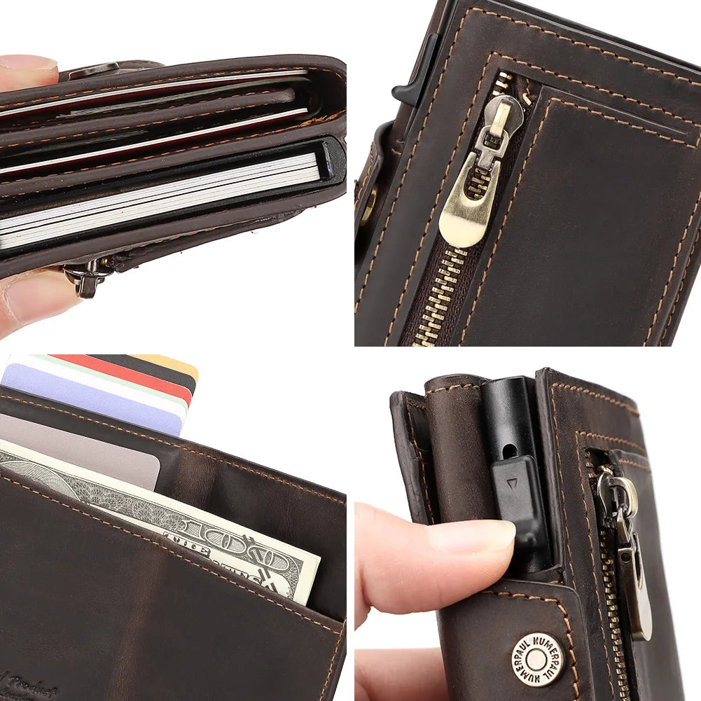 Cowhide Leather Men's Wallet RFID Blocking Protect Cardholder Automatic Card Case for Women with Apple AirTag Holder