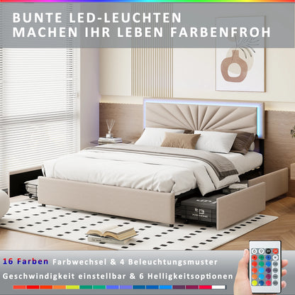 Double Bed, Upholstered Bed 160 x 200 cm, LED Bed Frame, Storage Bed with 4 Drawers and Slatted Frame, Headboard, Youth Bed