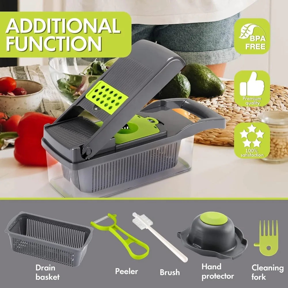 Vegetable Chopper Onion Chopper Multi Function Food Grater 14 in 1 with Basket for Potatoes Vegetables with Strainer Basket