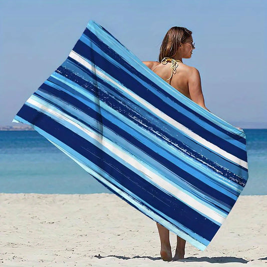 Blue - White Stripes Beach TowelMicrofiber terry bath towels for yoga, travel, swimming, fitness and camping