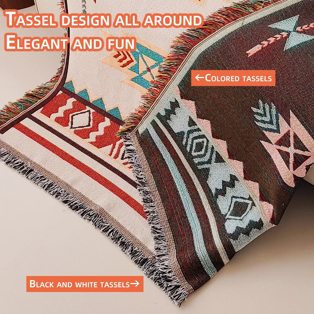 Aztec Blanket, Oversized Boho Throw Blanket with Fringe, Southwestern Geometric Tapestry Vintage Woven Throw Blankets, Double-Si