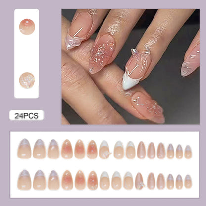 24pcs White Flower Fake Nail Tips Ins Yellow Pink Blush False Nails Wearable Full Cover European Almond Shaped Press on Nails