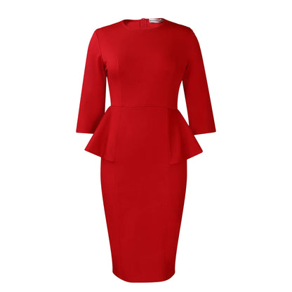 Elegant Office Dresses for Woman O Neck Full Sleeve Sheath Ruffles Package Hips Mid Calf Professional Business Work Dress Midi