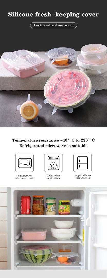 6PCS Adaptable Lid Silicone Cover Food Caps Elastic Stratchy Fresh Microwave Lids Stretch Silicone Cover for Kitchen Accessories