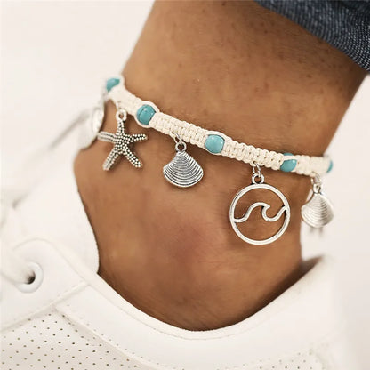 Modyle New Beads Anklets for Women Silver Color Starfish Beach Leg Bracelet Handmade Bohemian Foot Chain Boho Jewelry Gift