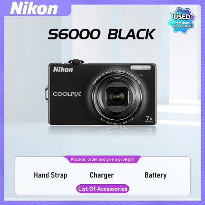 Nikon COOLPIX S6000 S6100 S6200 Portable Small Card Digital Camera 10X Optical Zoom Lens 16.00MP 720P HD Video Cameras（Used）