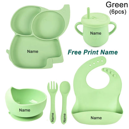 Silicone Baby Feeding Set Soft Silicone Sucker Plate Bowl Elephant Plate Personalized Name Feeding Bib Apron Children's Dishes
