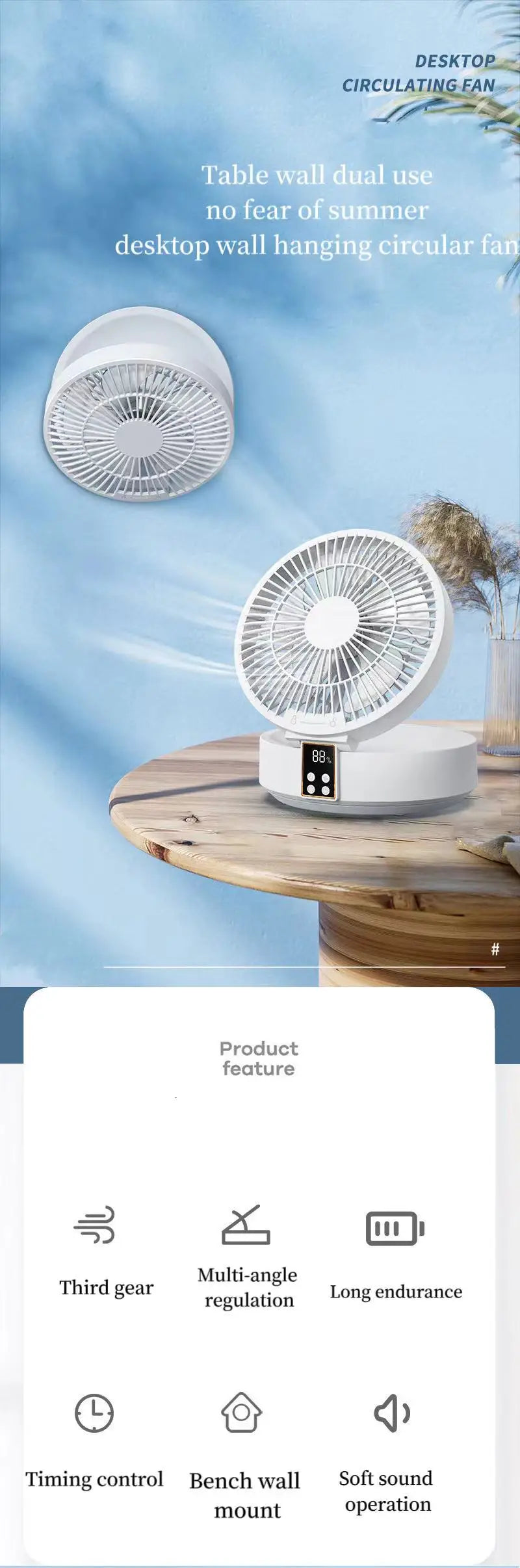 Fan With Remote Control Portable Wall-Hanging Rechargeable Usb Electric Folding Fan Nightlight Air Cooler Household