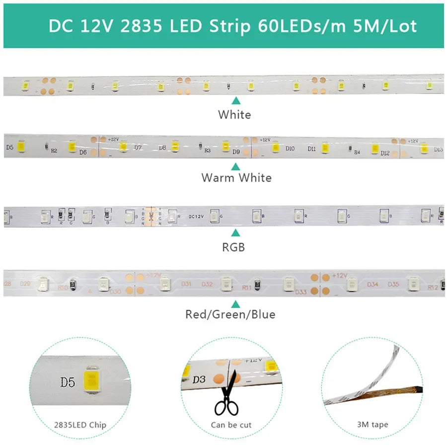 Led Strip Light 5M 300Leds SMD2835 12V White Warm Red Green Blue RGB Luces Led Light Waterproof Flexible Lamp Tape for Room Deco