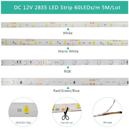 Led Strip Light 5M 300Leds SMD2835 12V White Warm Red Green Blue RGB Luces Led Light Waterproof Flexible Lamp Tape for Room Deco