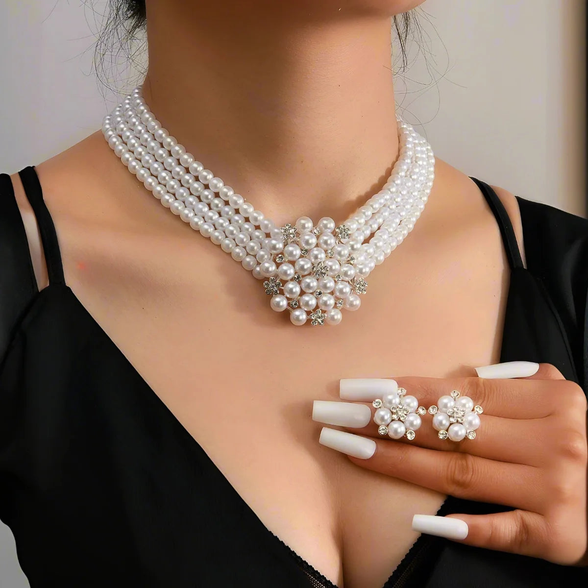 Fashion Jewelry Set Luxury Alloy Rhinestone Flower Imitation Pearl Beaded Choker Necklace And Earrings Women Wedding Accessories