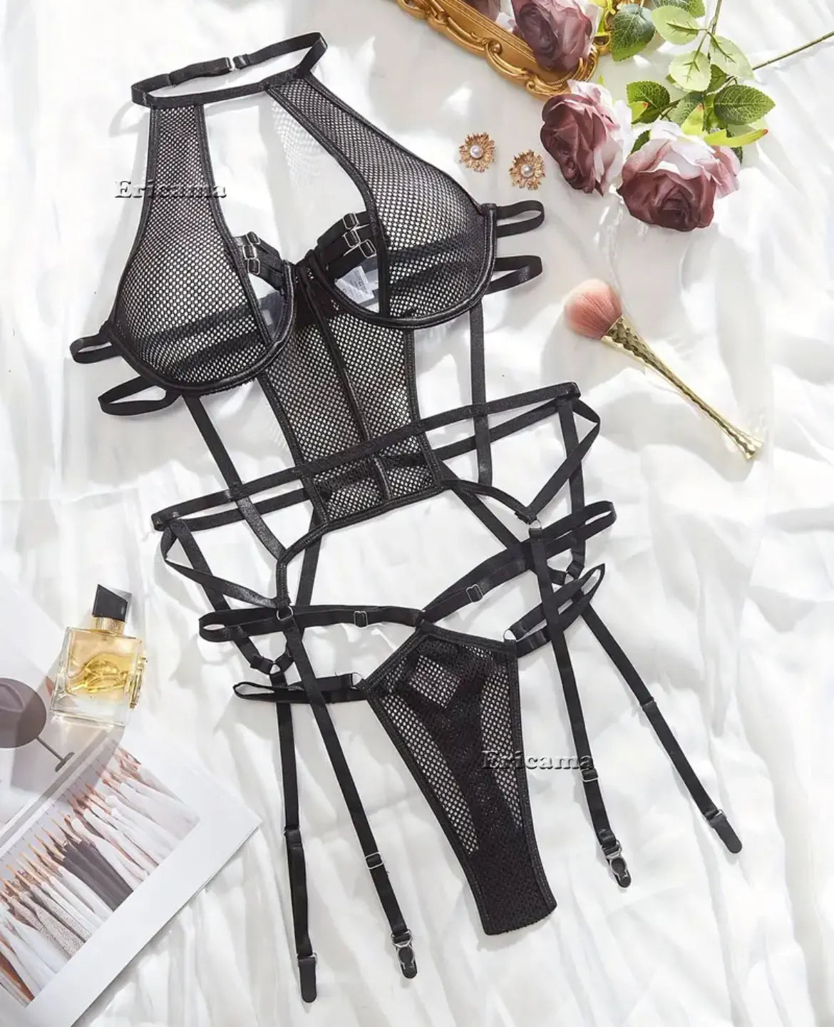 Open Lingerie Set Transparent Lace Up Bandage Exotic Sets Mesh Femme Lingerie Lace Bra Set Women Sexy Lingerie Set