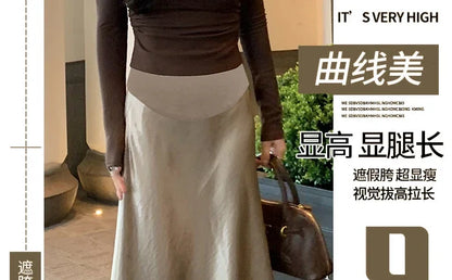 Maternity 2025 New Early Spring Vinegar Satin Covers Strap Slim A-line Long Skirt High Waist Drooping Fish Tail Youth Pregnancy