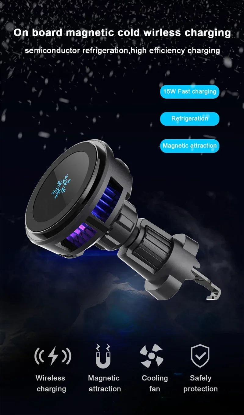 Car Wireless Charger Cooling Magnetic Car Phone Holder Mount Fast Car Charging Stand for Macsafe iPhone 15 14 13 12 Pro Max Mini