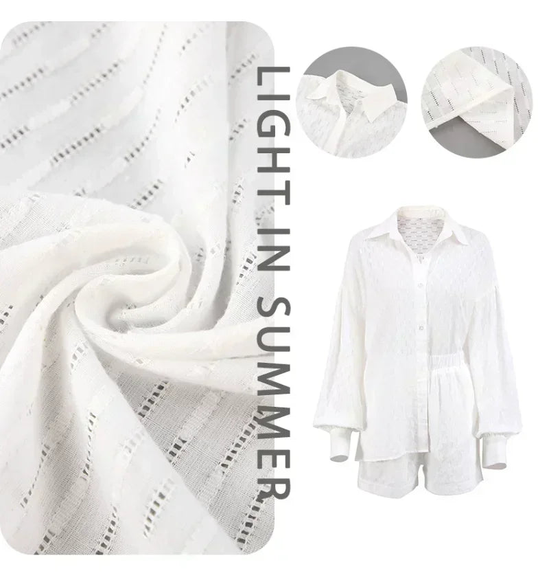 Casual Loose Women Short Two Piece Set Suit Fashion Blouse Long Sleeve Shirt Lady Simple Style Shorts Streetwear Blouse Tops