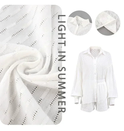 Casual Loose Women Short Two Piece Set Suit Fashion Blouse Long Sleeve Shirt Lady Simple Style Shorts Streetwear Blouse Tops