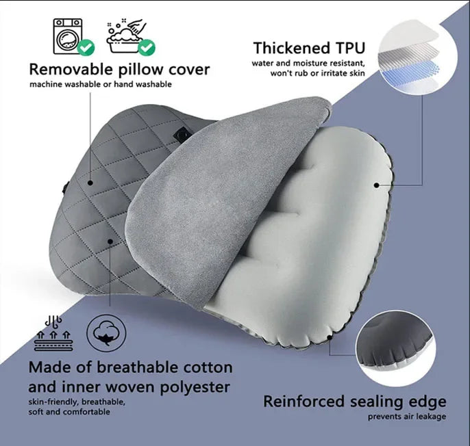 Ultralight Inflatable Camping Travel Pillow with Soft Washable Cover -  Ergonomic Inflating Pillows for Neck & Lumbar Support