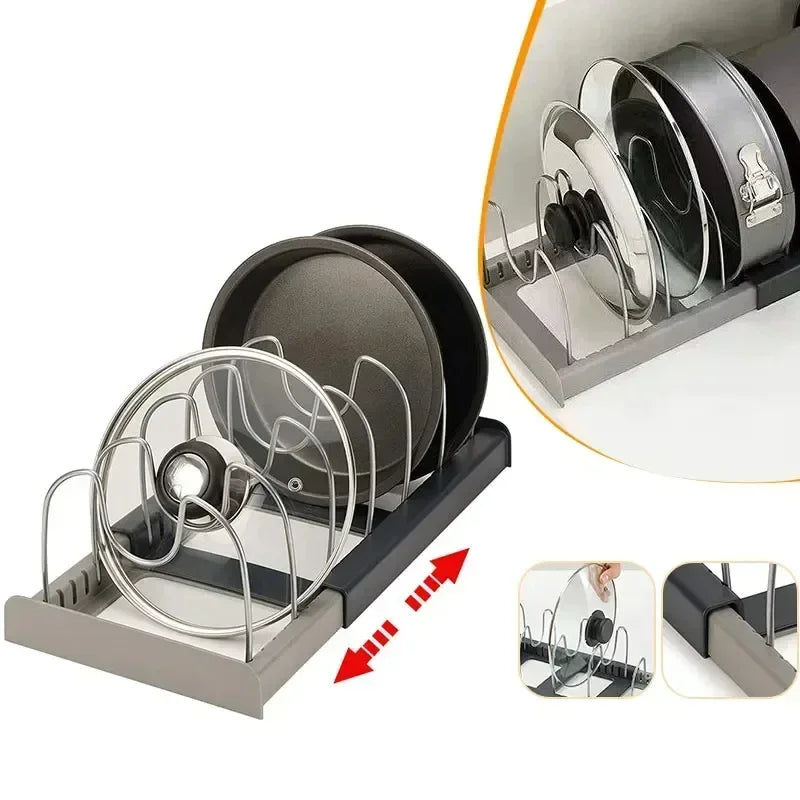 Expandable Pot and Pan Organizer Rack for Cabinet, Pan and Pot Lid Holders with 6 Adjustable Dividers for Kitchen Organization