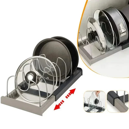 Expandable Pot and Pan Organizer Rack for Cabinet, Pan and Pot Lid Holders with 6 Adjustable Dividers for Kitchen Organization
