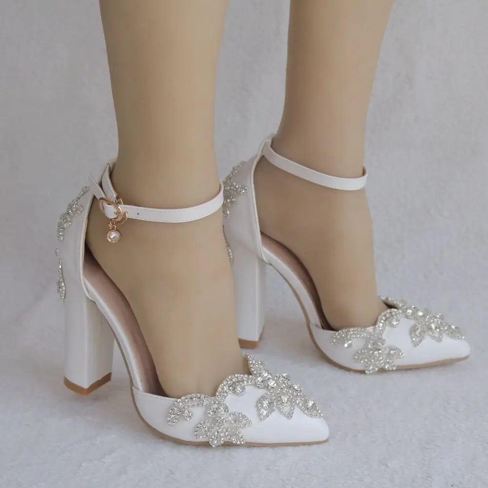 2025 Thick Heel Pointed Toe Shoes Large Size  Thick Heel Sandals Women Rhinestone Wedding Shoes Women White Wedding Shoes Drill